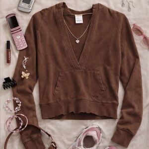 Y2K Layering V Neck Hoodie Fitted Sweatshirt Chocolate Brown Bella Swan M